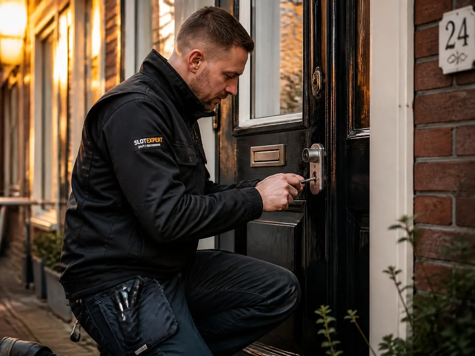 Slotenmaker opent een deur met professioneel gereedschap